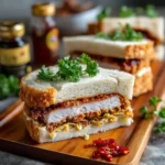 Panino Katsu Sando giapponese con cotoletta di maiale croccante, pane bianco soffice e salsa tonkatsu, servito su tagliere di legno in stile Tokyo.