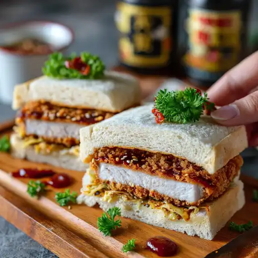 Katsu Sando: come fare a casa il panino giapponese più famoso di Tokyo 7 Panino Katsu Sando giapponese con cotoletta di maiale croccante, pane bianco soffice e salsa tonkatsu, servito su tagliere di legno in stile Tokyo.