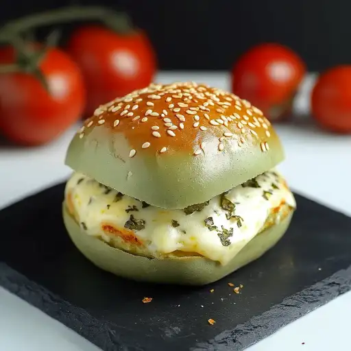 Panini vegetariani con pane verde e formaggio fuso in primo piano