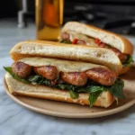 Panino con la salsiccia e spinaci freschi visto frontalmente