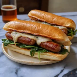 Panino con la salsiccia con formaggio fuso e spinaci freschi in primo piano
