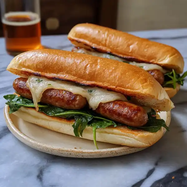 Panino con la salsiccia con formaggio fuso e spinaci freschi in primo piano