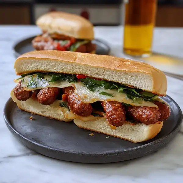 Panino con la salsiccia piccante e verdure a foglia servito su piatto scuro