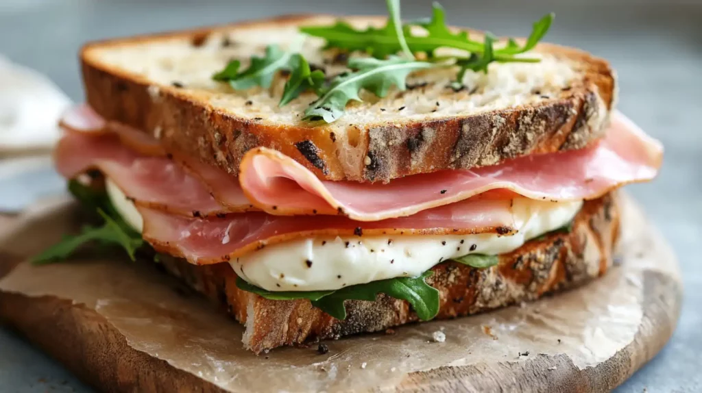Panino con prosciutto crudo e formaggio cremoso su pane artigianale