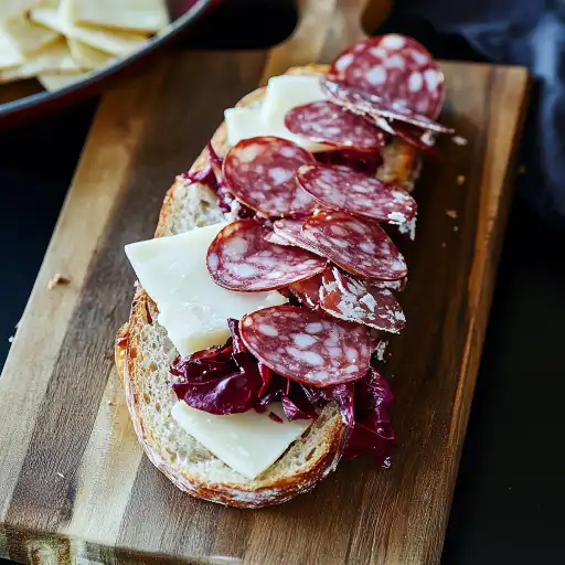 Panino con salame e formaggio su pane rustico, tagliato a metà
