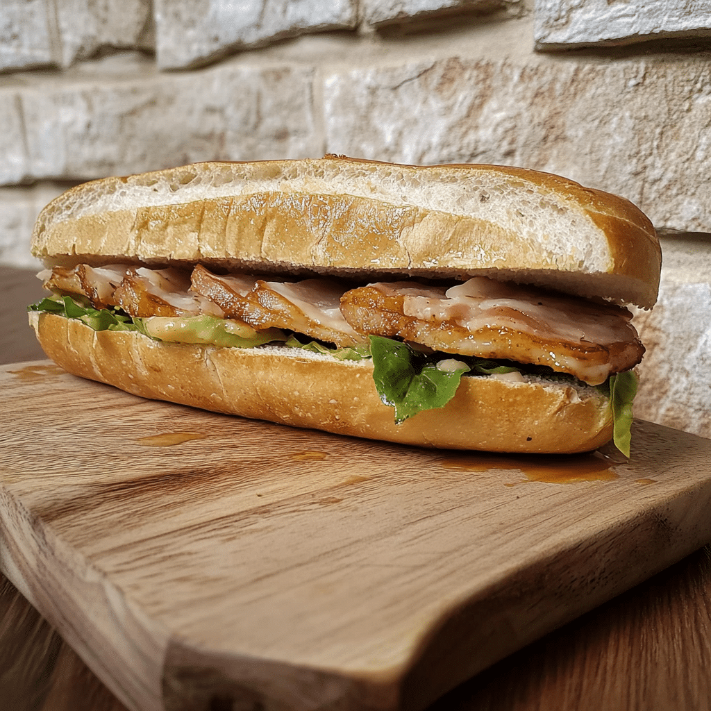 Panino con porchetta su tagliere di legno, visto da vicino