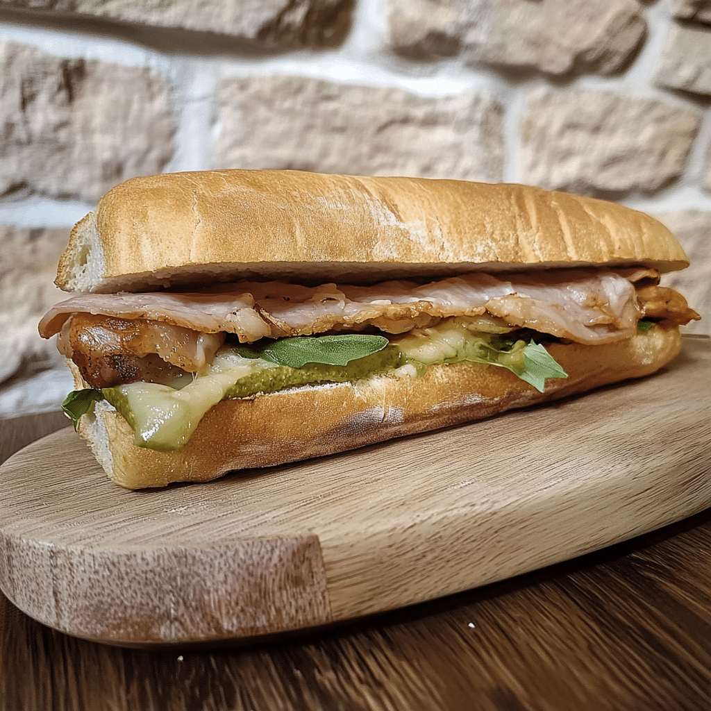 Panino con porchetta e formaggio fuso visto lateralmente